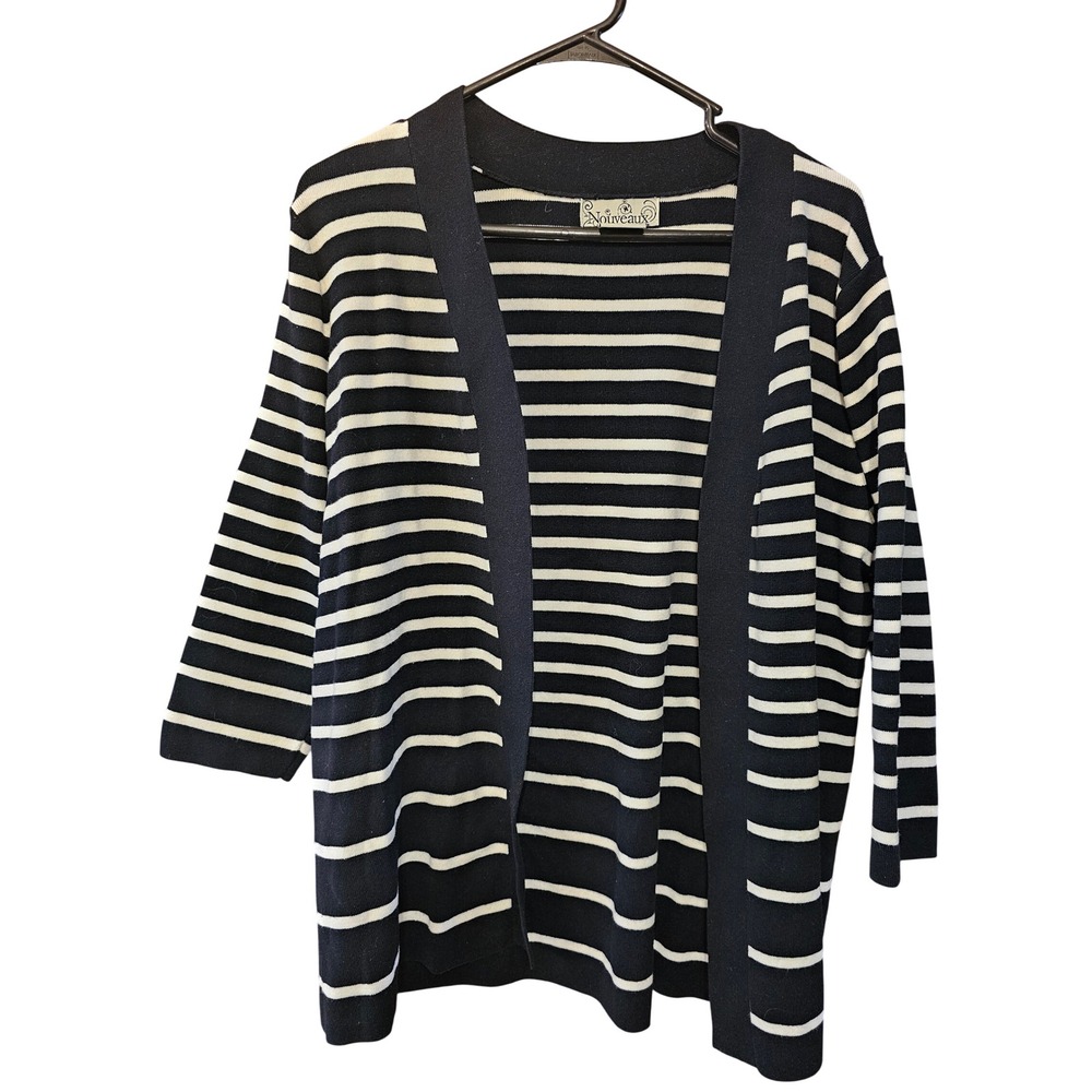 Nouveaux Womens XL Navy Blue White Striped Open Front Cardigan Sweater 3/4 Sl